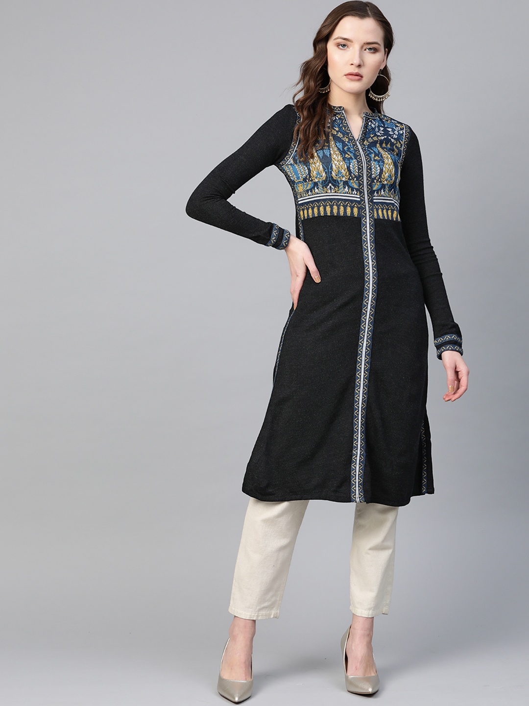 

W Women Charcoal Grey & Blue Yoke Design Straight Kurta