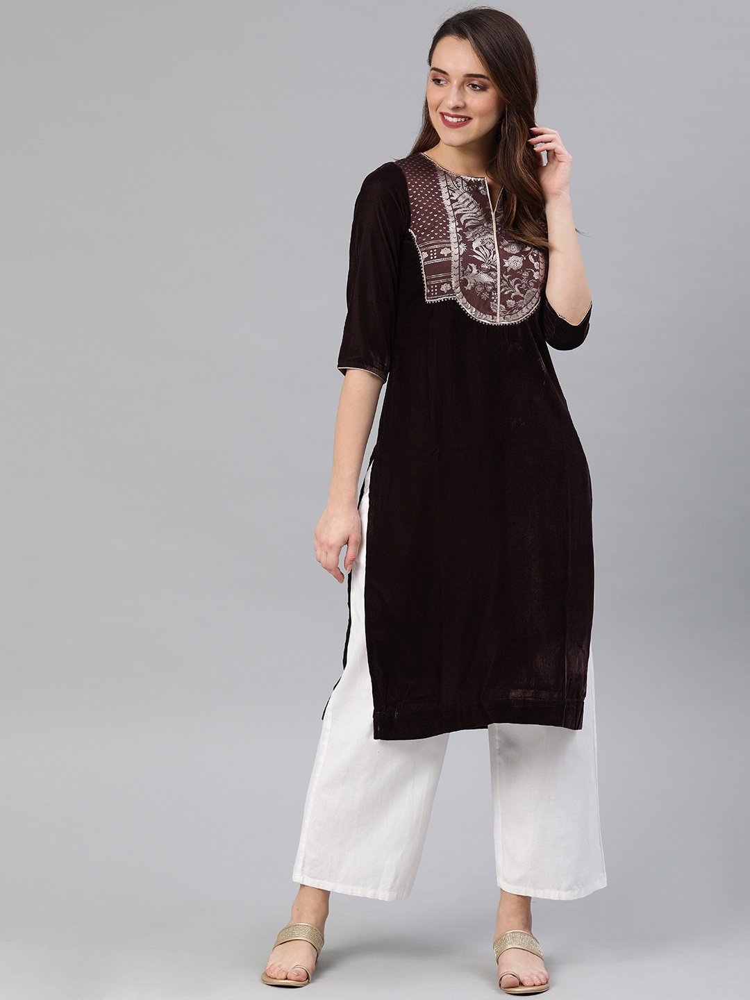 

W Women Coffee Brown & Golden Yoke Design Straight Velvet Kurta