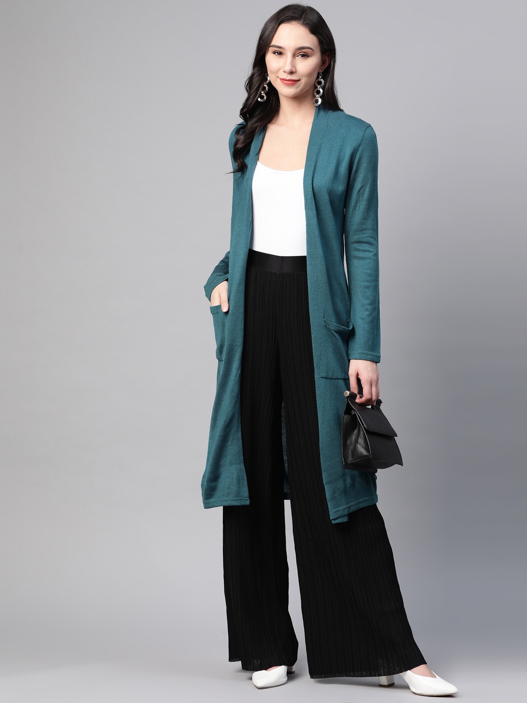 

W Women Teal Blue Solid Front-Open Longline Sweater