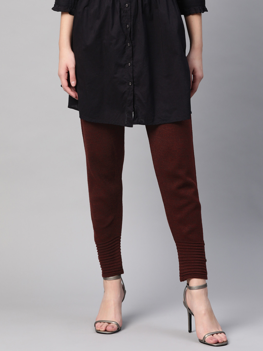 

W Women Burgundy Solid Knitted Winter Leggings