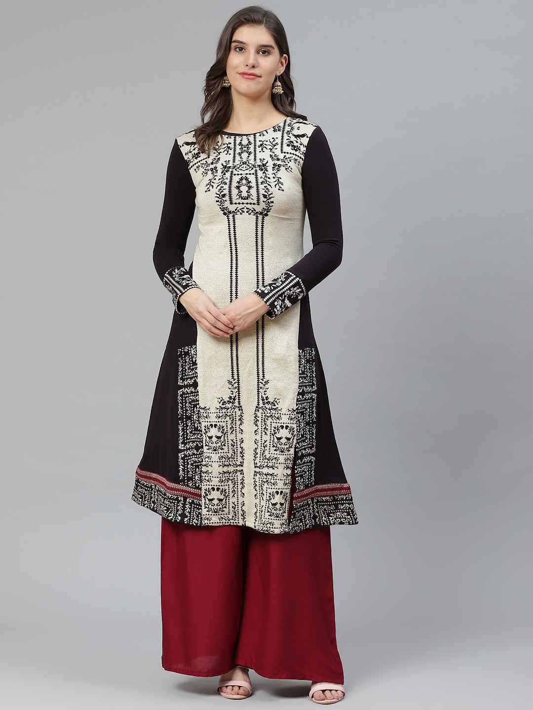 

W Women White & Aubergine Ethnic Motifs Patterned Round Neck Knitted A-Line Winter Kurta