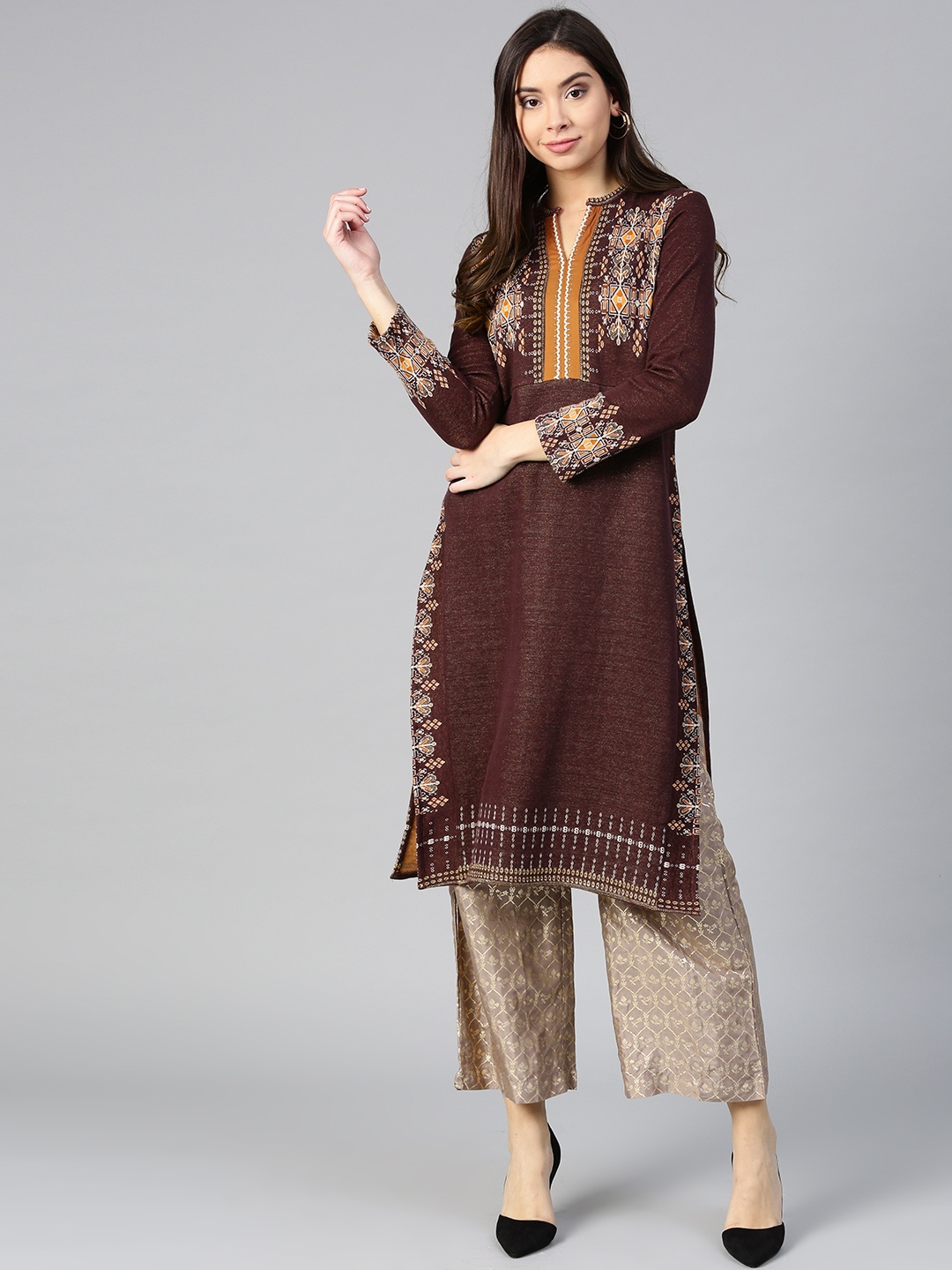 

W Women Purple Yoke Design Straight Kurta