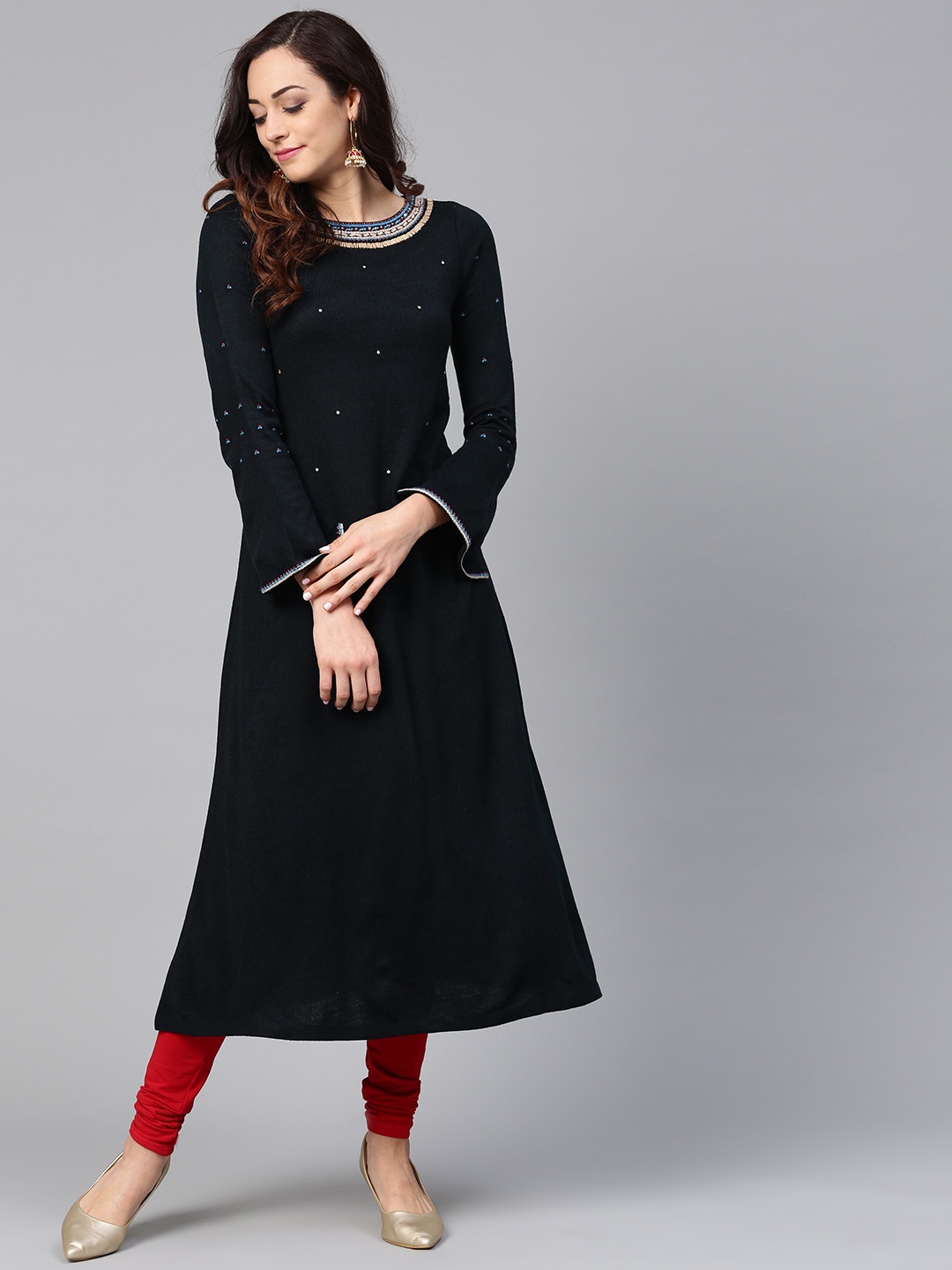 

W Women Navy Blue Solid A-Line Kurta