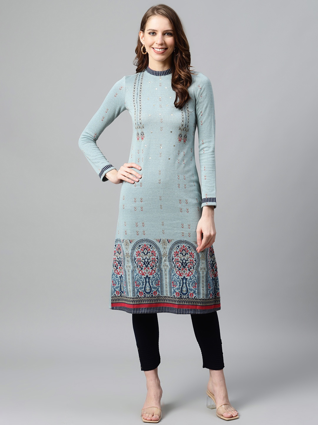

W Women Blue Ethnic Motifs Printed Sequins Kurta