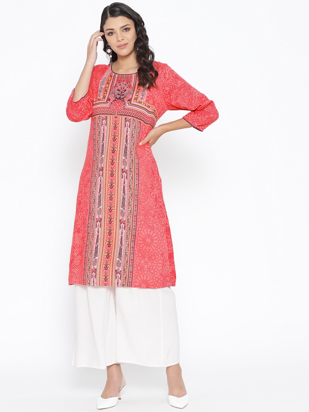 

AURELIA Women Coral Pink Printed Straight Kurta