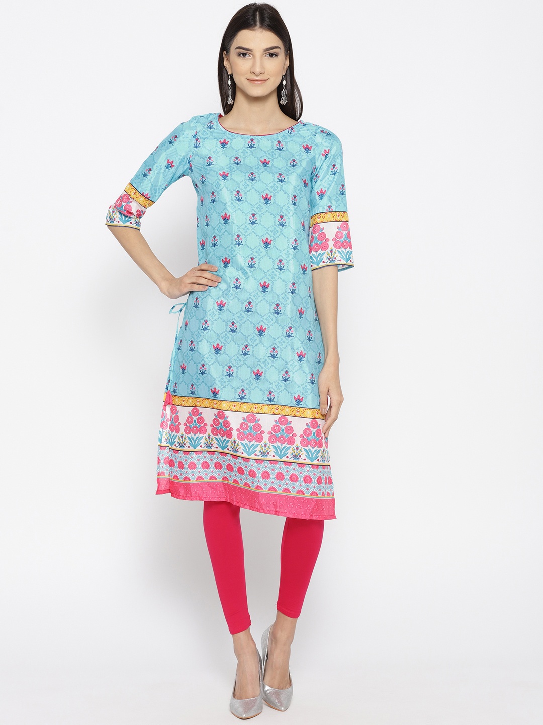 

AURELIA Women Blue & Pink Printed Straight Kurta