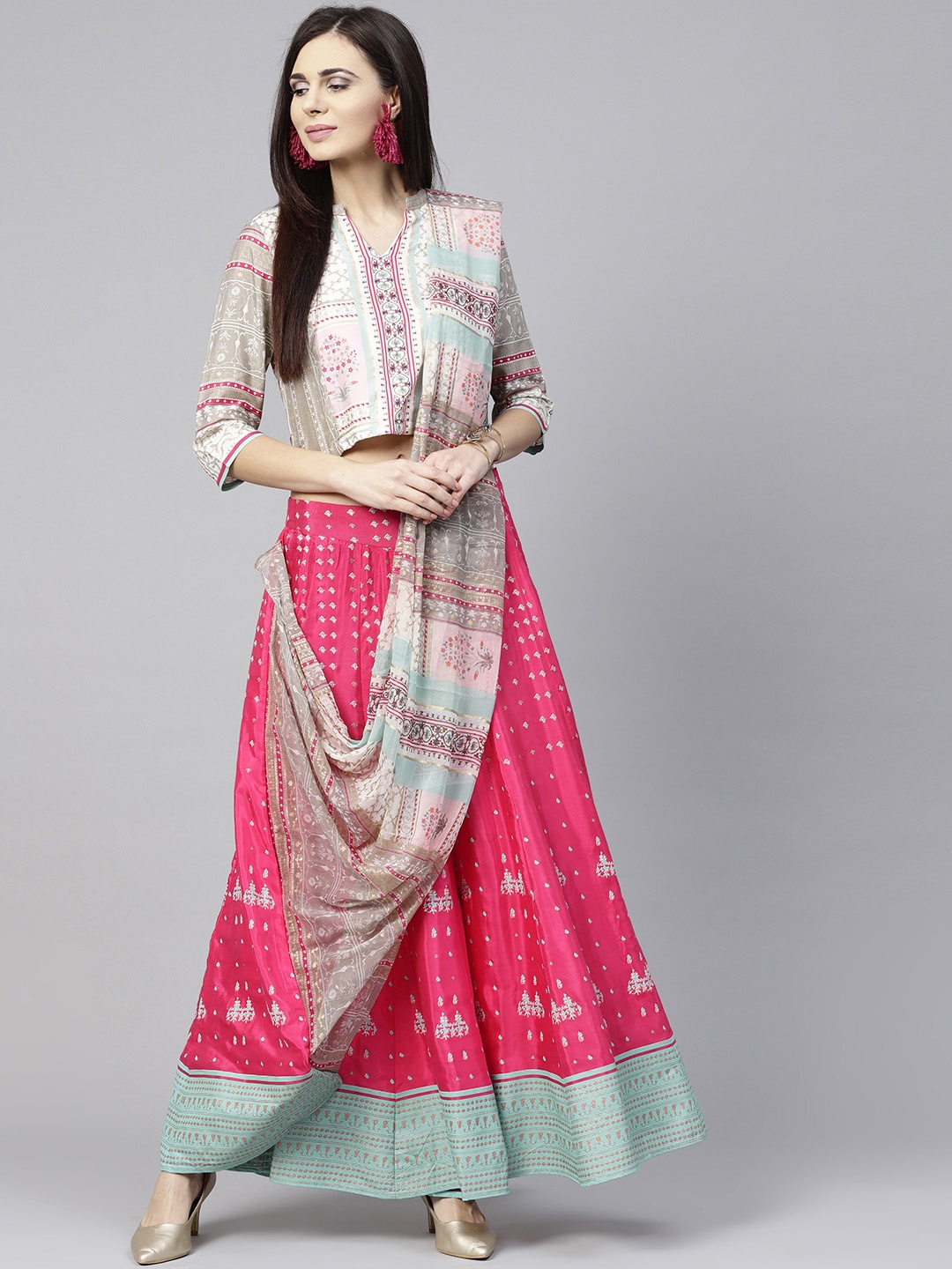 

W Women Pink & Off-White Printed Top & Palazzos with Attached Dupatta