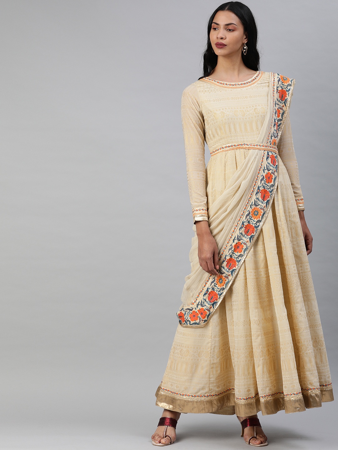 

WISHFUL by W Women Beige & Gold-Toned Printed A-Line Kurta With Dupatta
