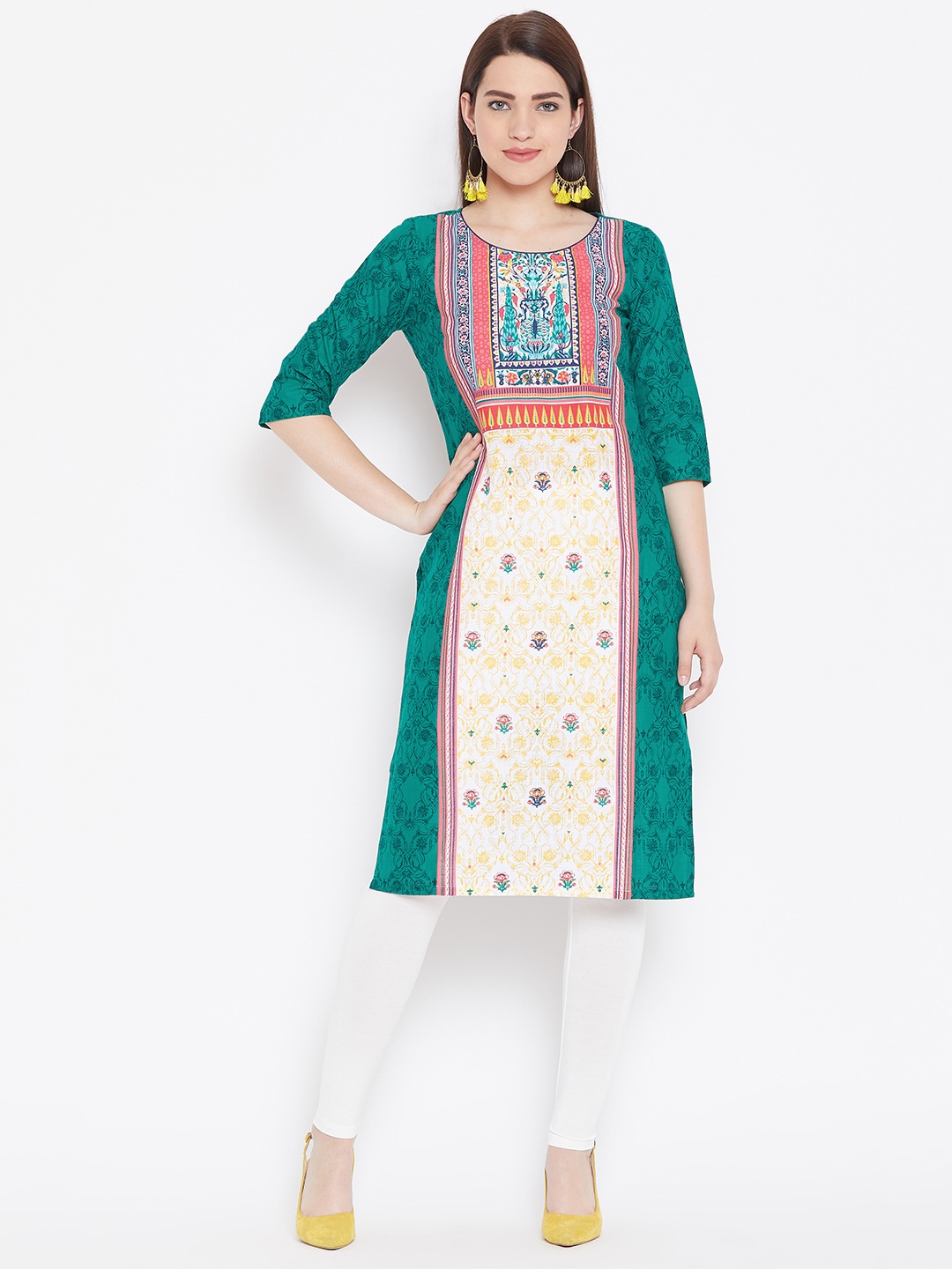 

AURELIA Women Green & Yellow Printed Straight Kurta