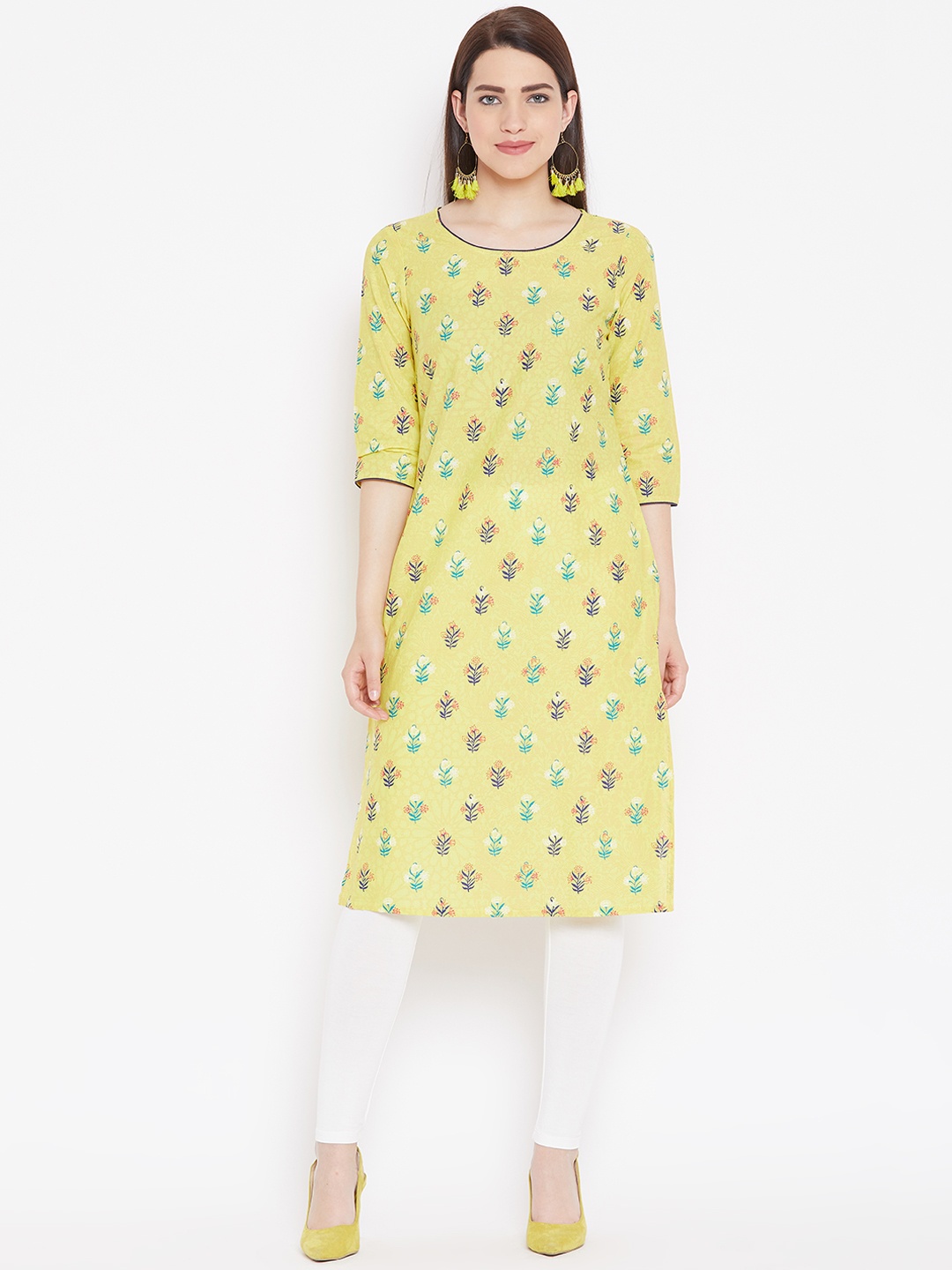

AURELIA Women Yellow & Blue Printed Straight Kurta