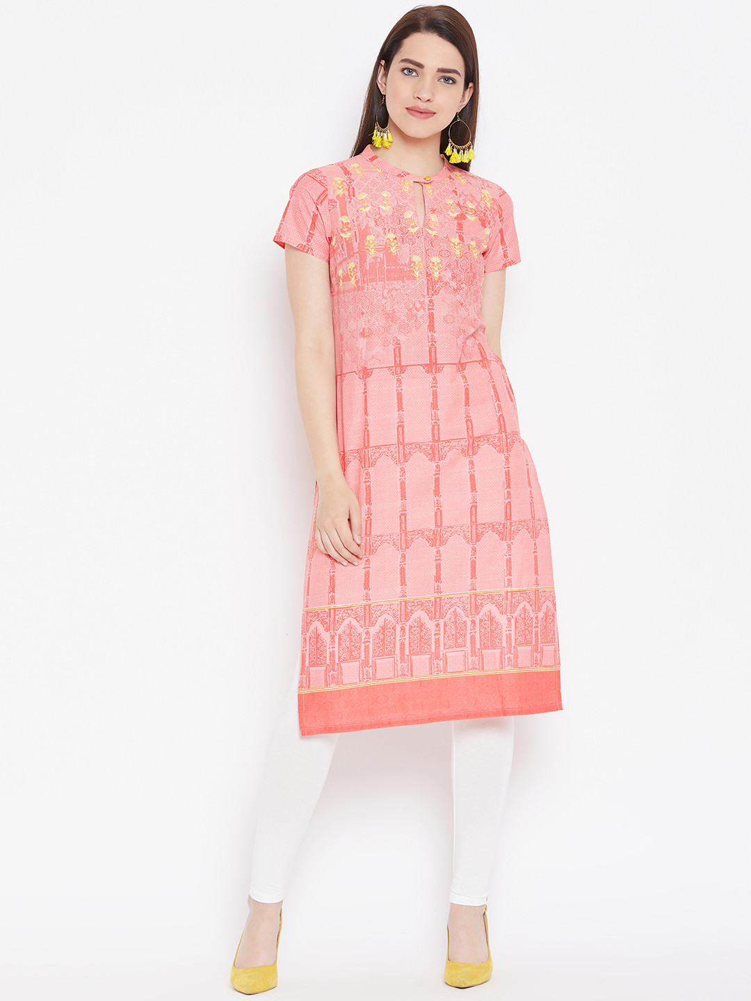 

AURELIA Women Peach-Coloured Printed Straight Kurta