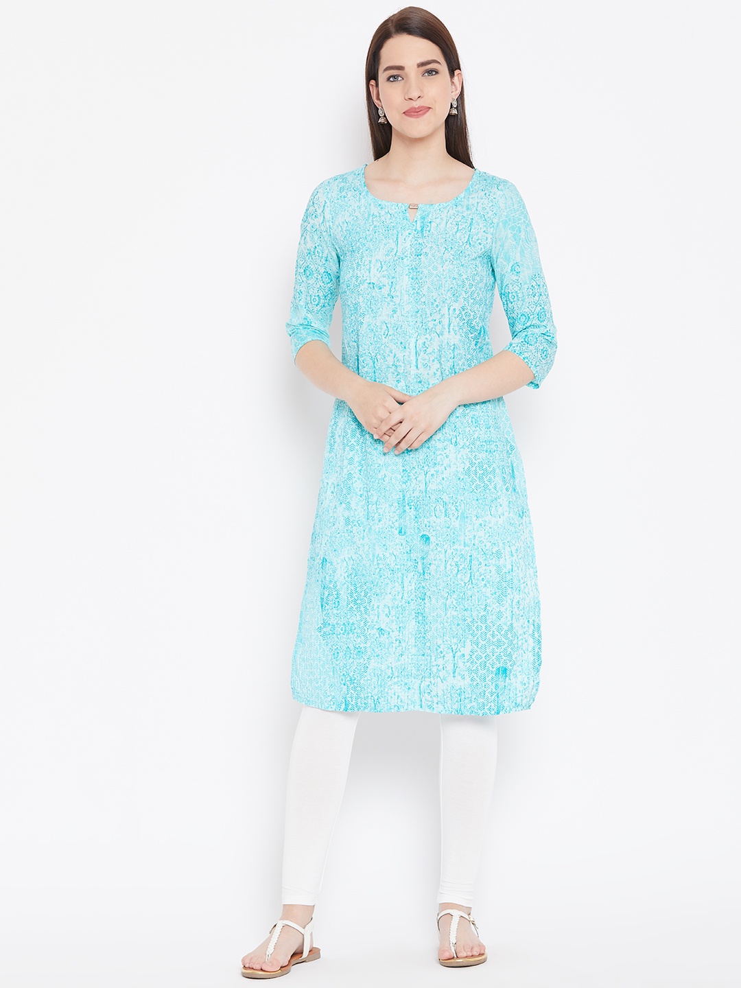 

AURELIA Women Blue Floral Print Pinktucks Straight Kurta