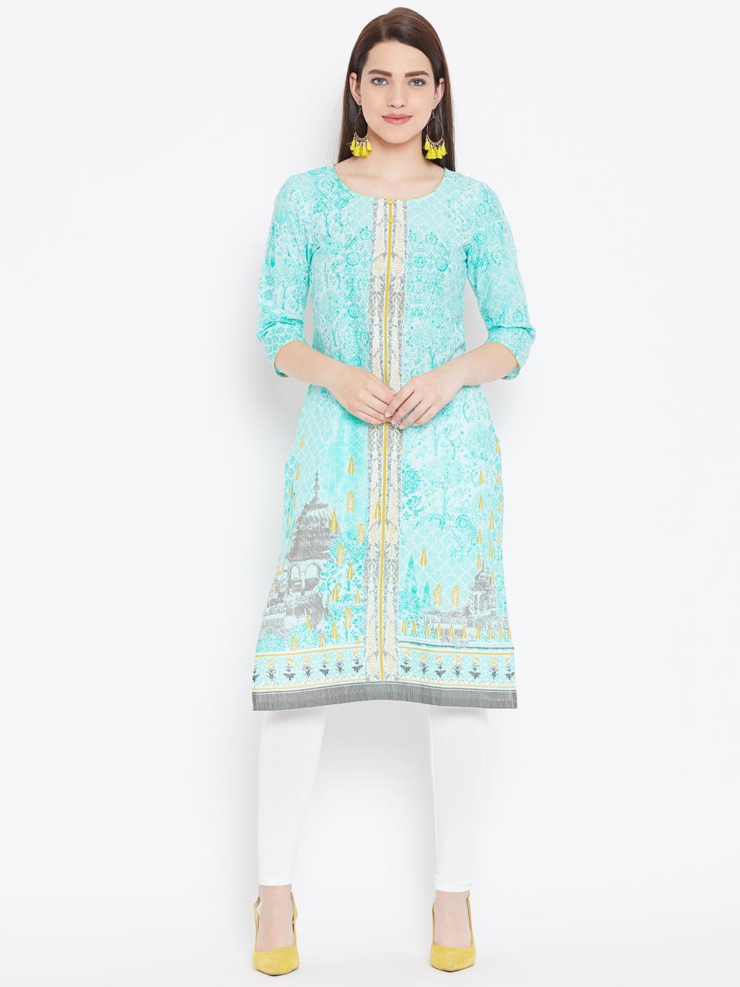 

AURELIA Women Sea Green Printed Straight Kurta