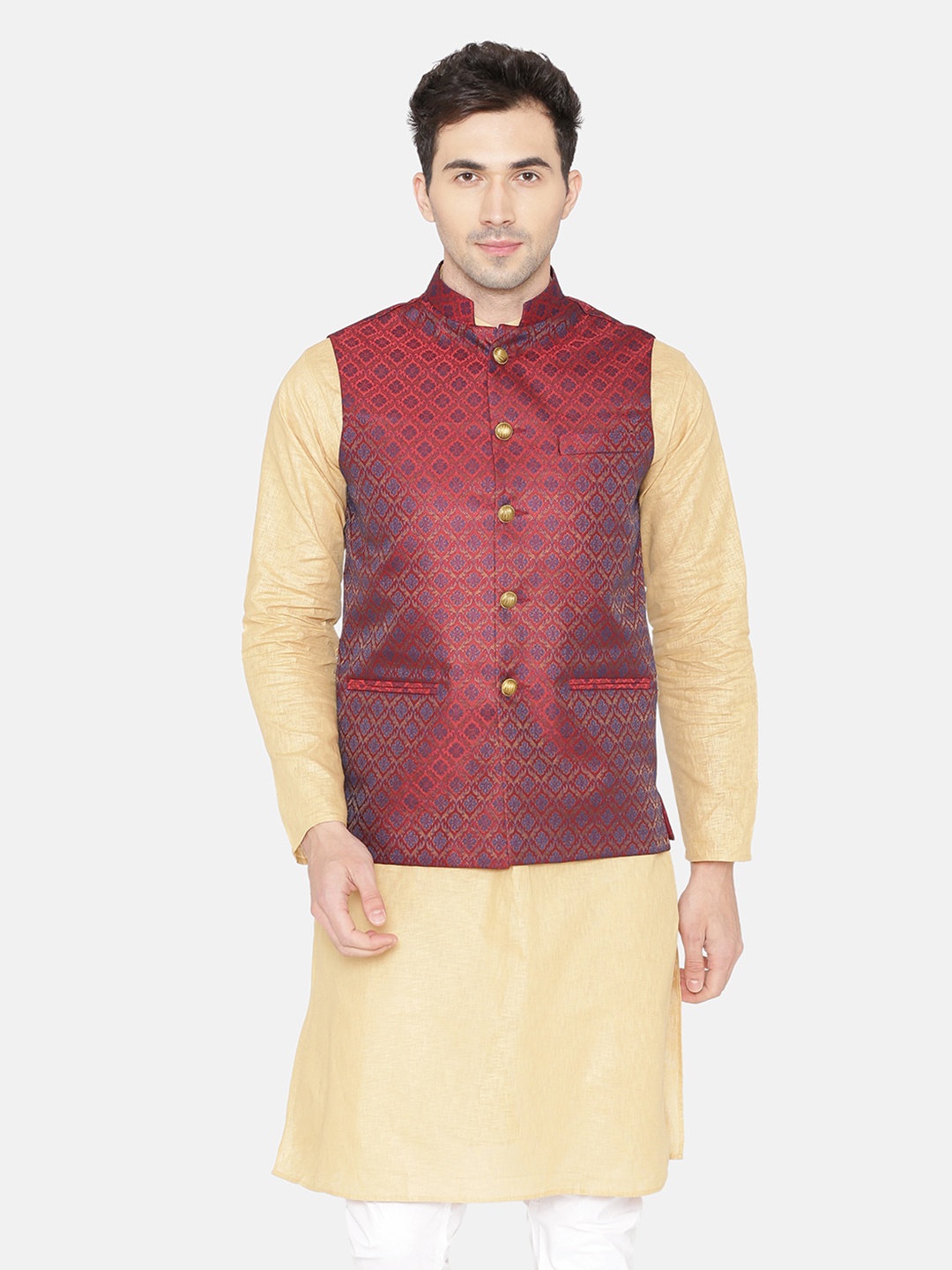 

Wintage Men Maroon Woven Design Nehru Jacket