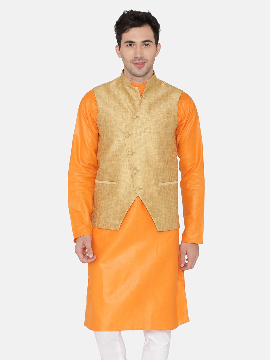 

Wintage Men Gold Coloured Woven Design Nehru Jacket