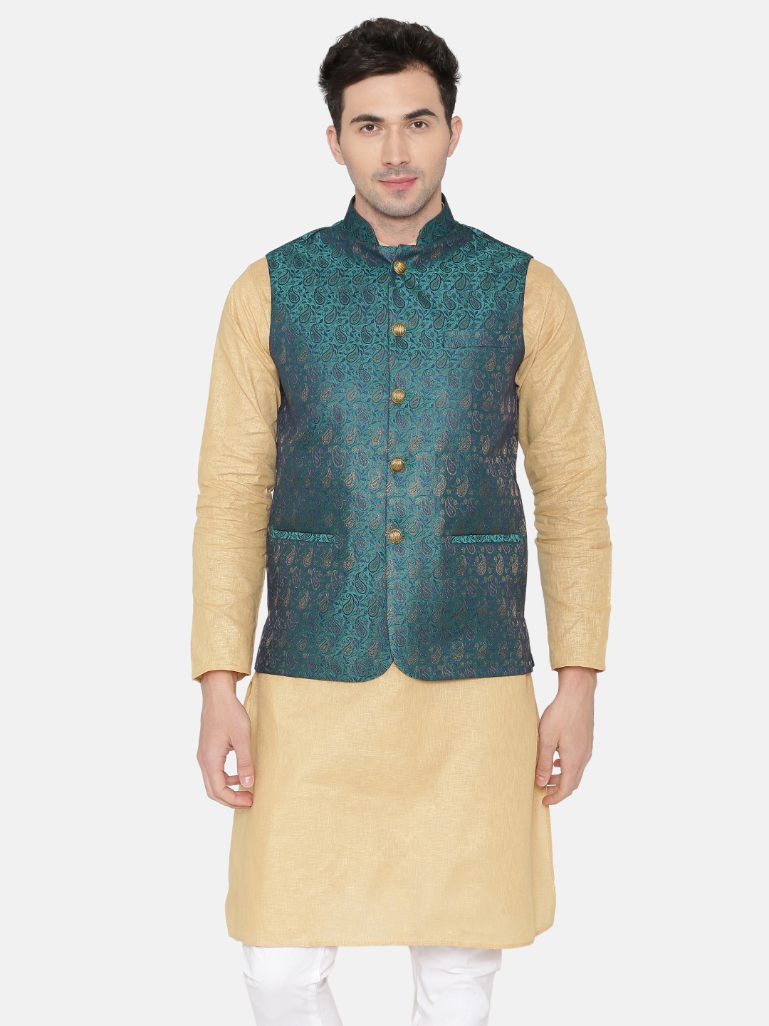 

Wintage Teal Green Printed Nehru Jacket