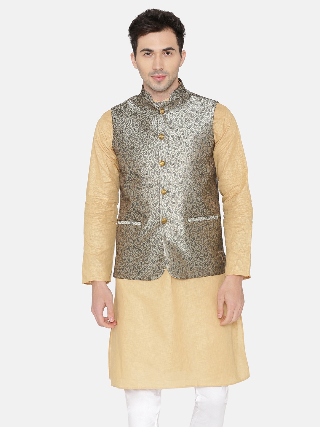 

Wintage Men Grey Woven Design Nehru Jacket