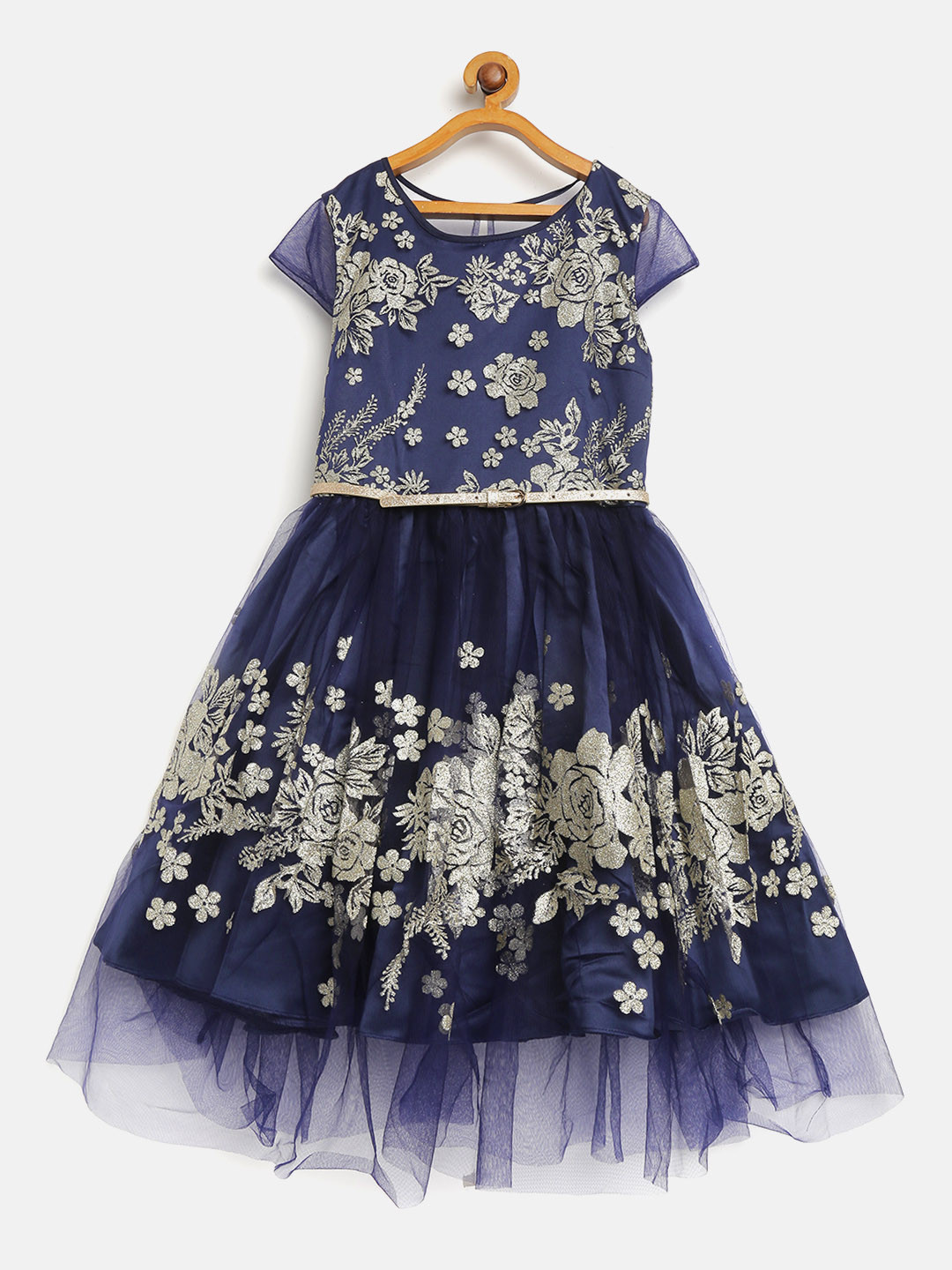 

MONSOON CHILDREN Girls Navy Blue & Golden Embellished Net Fit and Flare Dress with Belt