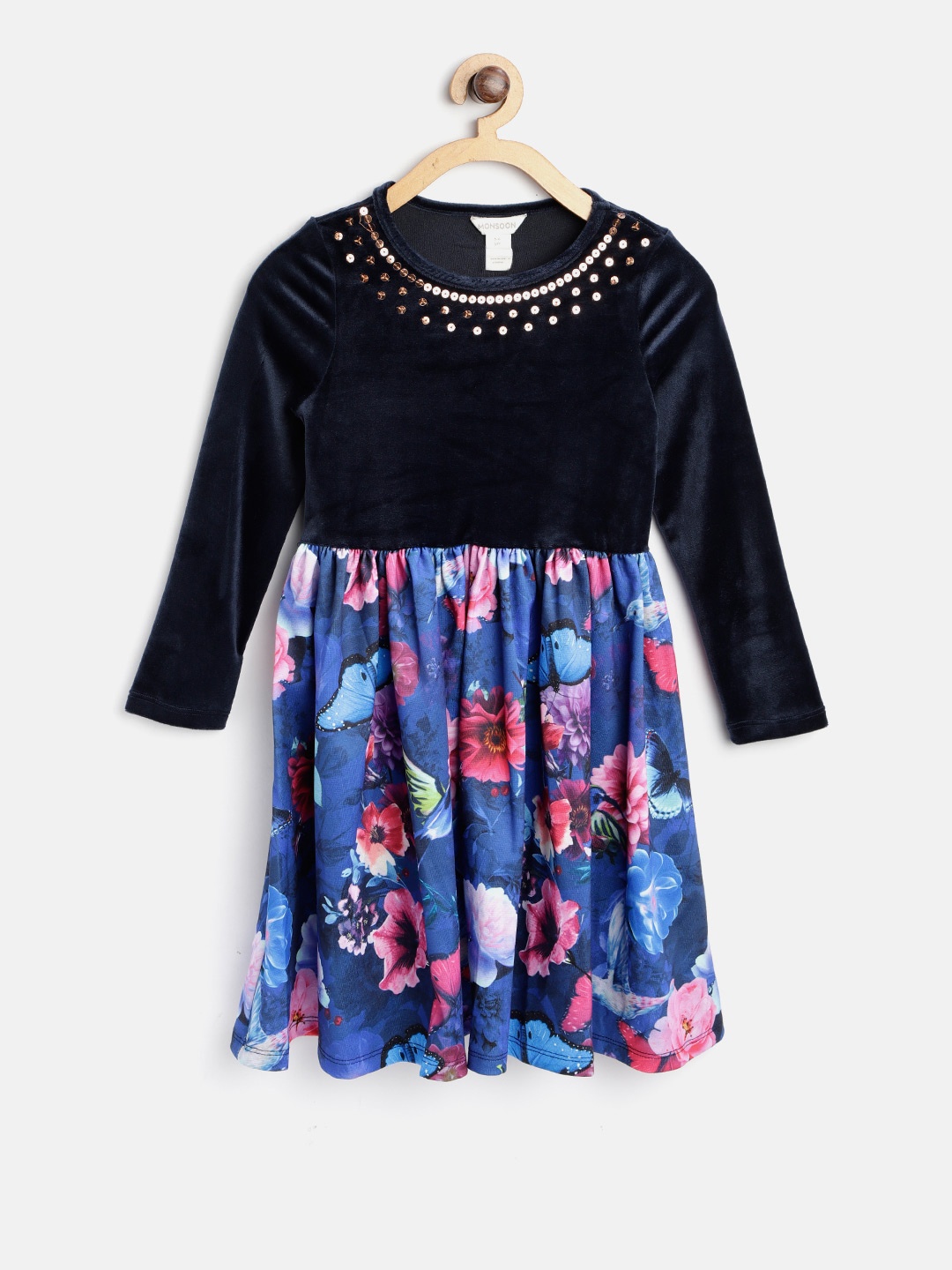 

MONSOON CHILDREN Girls Navy & Pink Printed Fit & Flare Dress, Navy blue