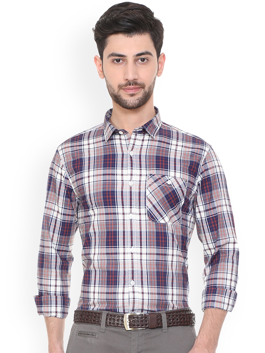 

People Men Blue & White Slim Fit Checked Casual Shirt
