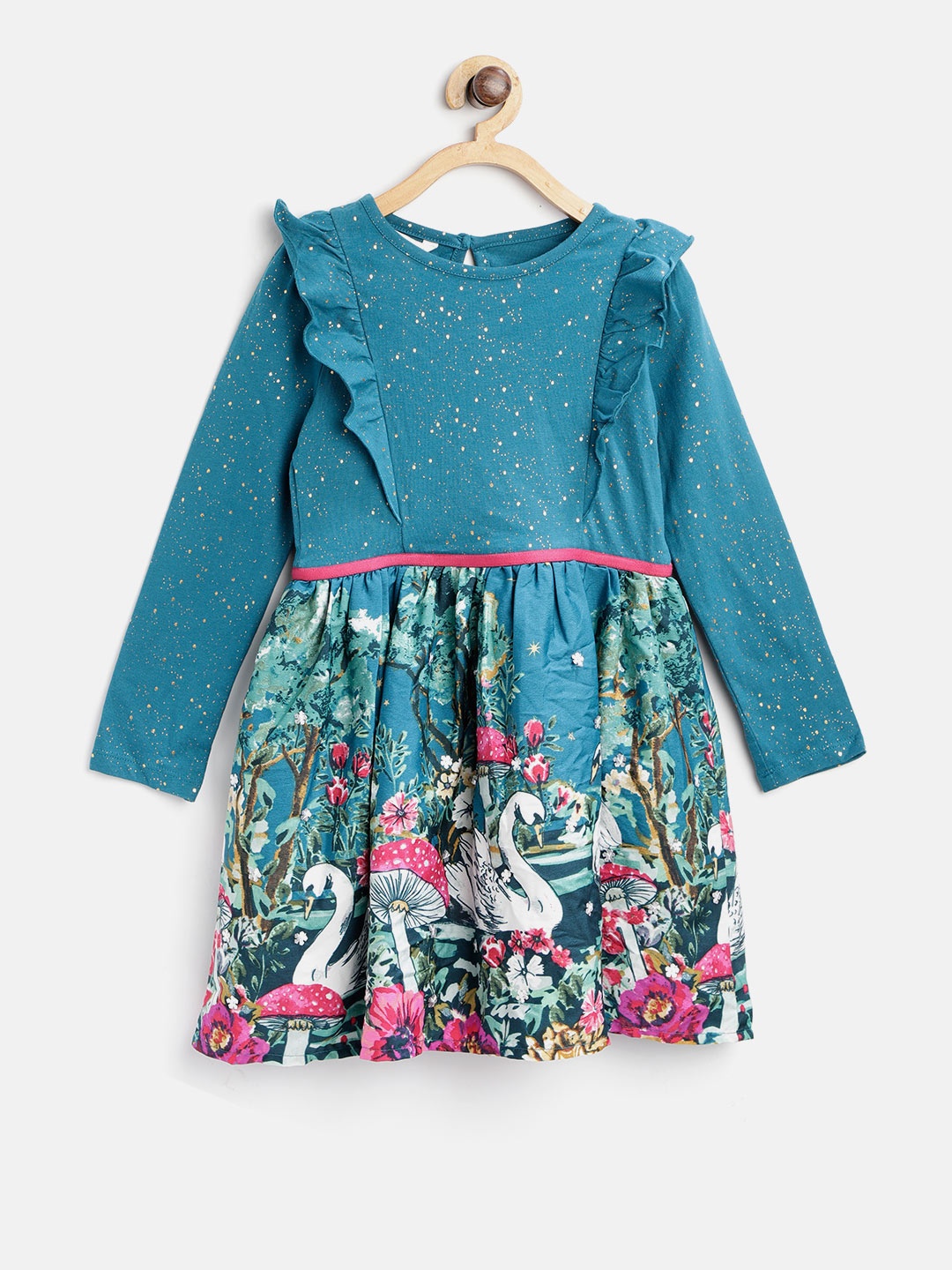 

MONSOON CHILDREN Girls Teal Blue Printed Ruffled Fit & Flare Dress