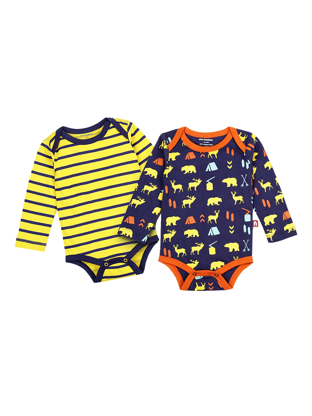 

Nino Bambino Pack Of 2 Boys Organic Cotton Blue & Yellow Printed Bodysuits