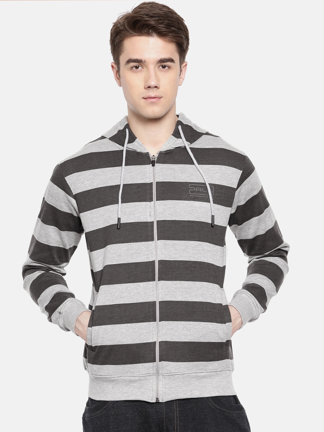 

Proline Active Men Grey Melange Striped Hooded Sweatshirt