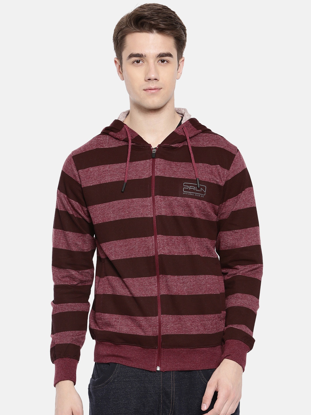 

Proline Active Men Maroon Striped Hooded Sweatshirt