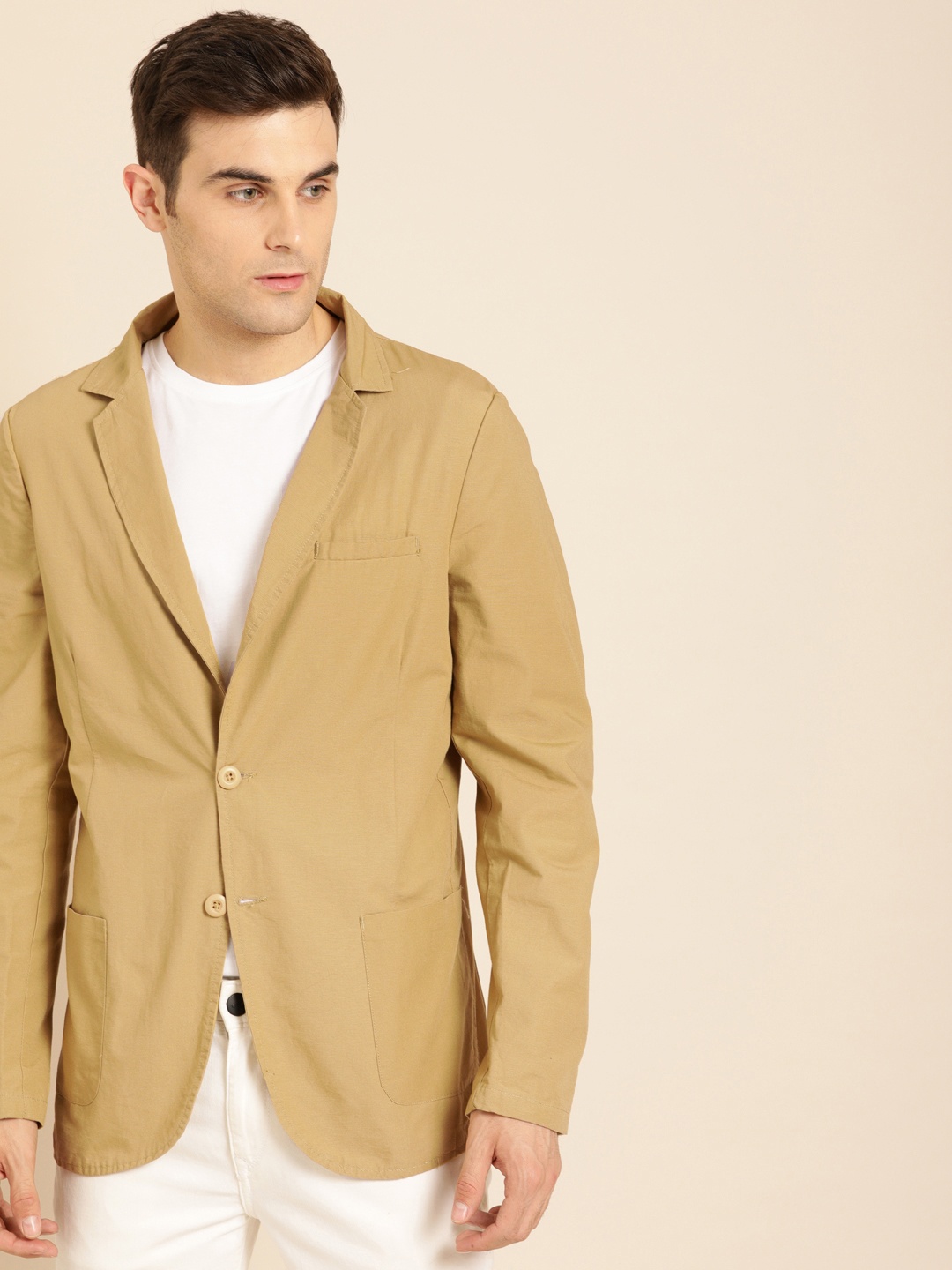 

ether Men Khaki Solid Regular Fit Single-Breasted Casual Pure Cotton Blazer