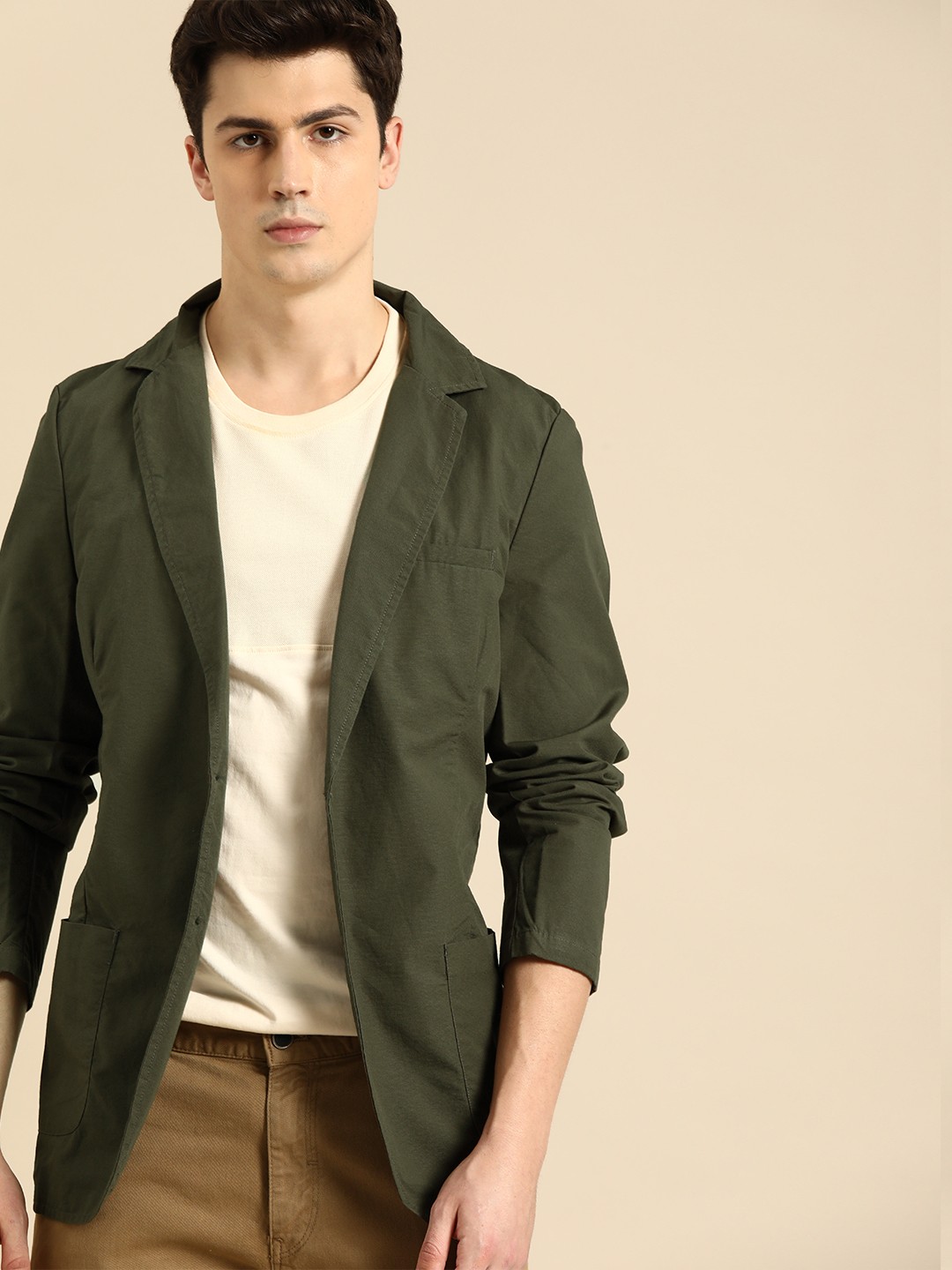 

ether Men Olive Green Solid Single-Breasted Casual Pure Cotton Blazer