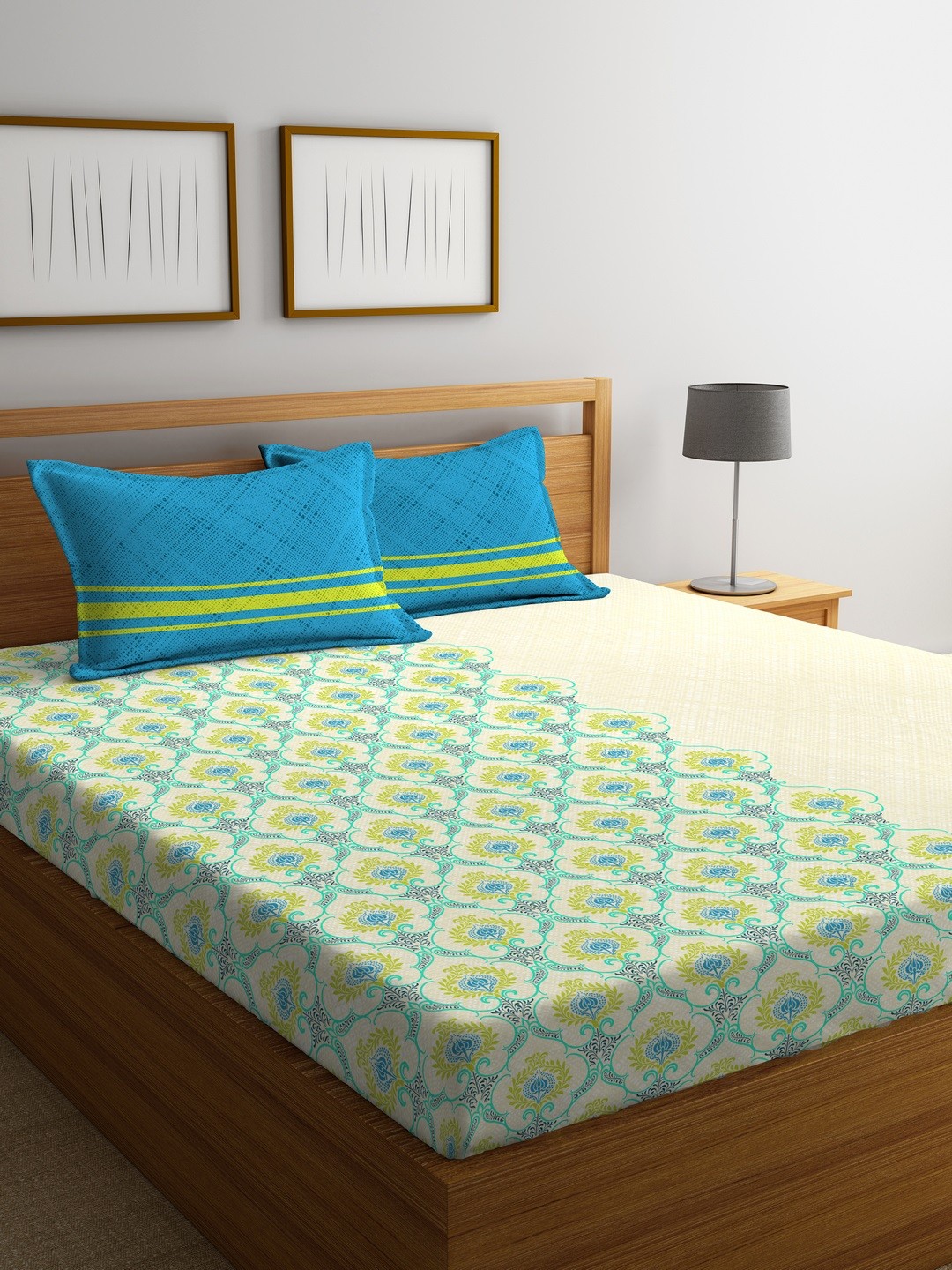 

Portico New York Beige & Green Flat 144 TC Cotton 1 Queen Bedsheet with 2 Pillow Covers