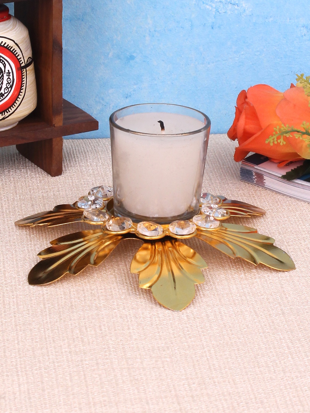 

Home Sparkle Gold-Toned & Transparent Floral Shaped Candle Holder