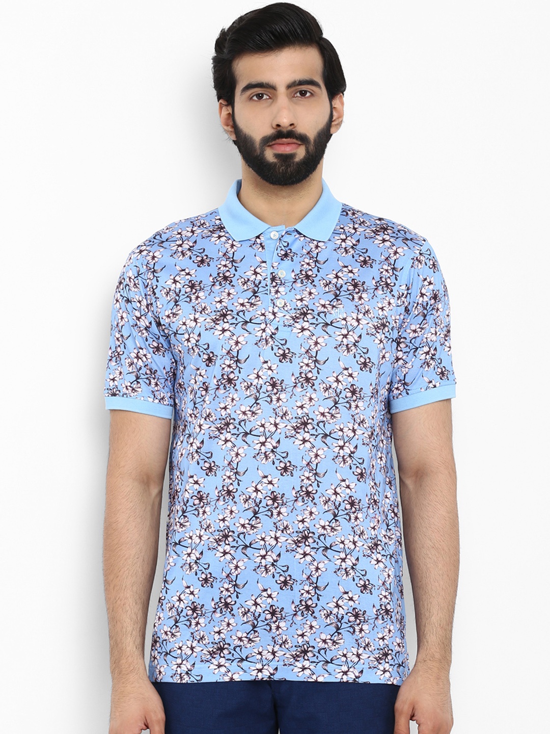 

Raymond Men Blue Printed Polo Collar Pure Cotton T-shirt