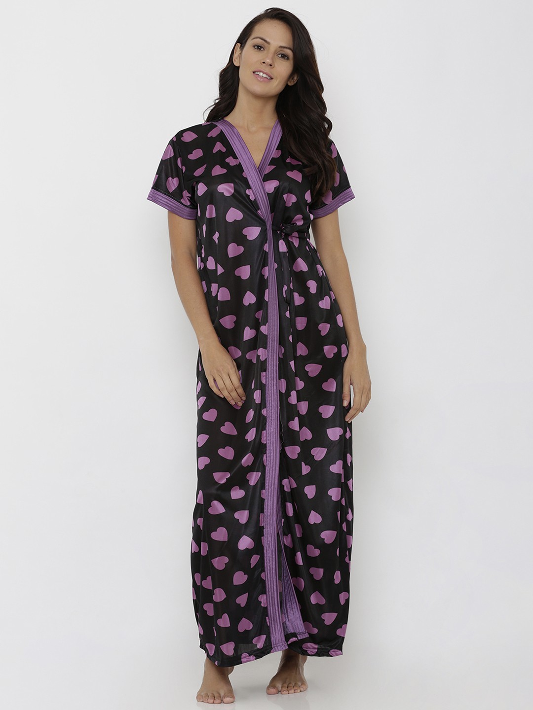 

Pretty Awesome Women's Black & Purple Printed Maxi Robe PTAS141