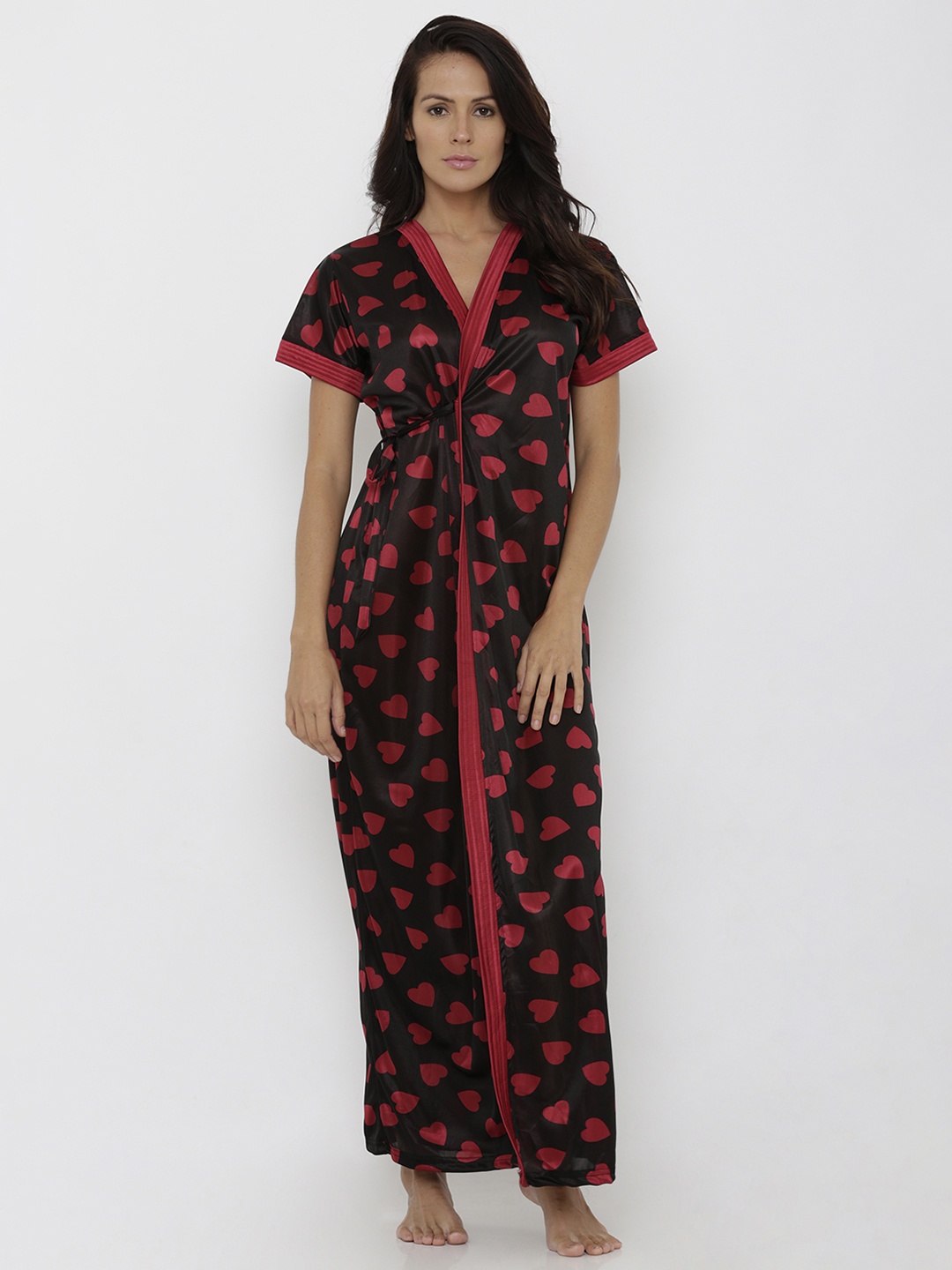 

Pretty Awesome Women's Black & Maroon Printed Maxi Robe PTAS142