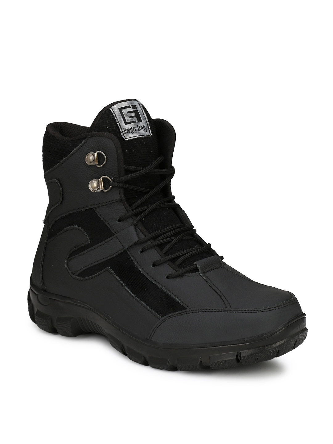 

Eego Italy Men Black Leather High-Top Trekking Shoes