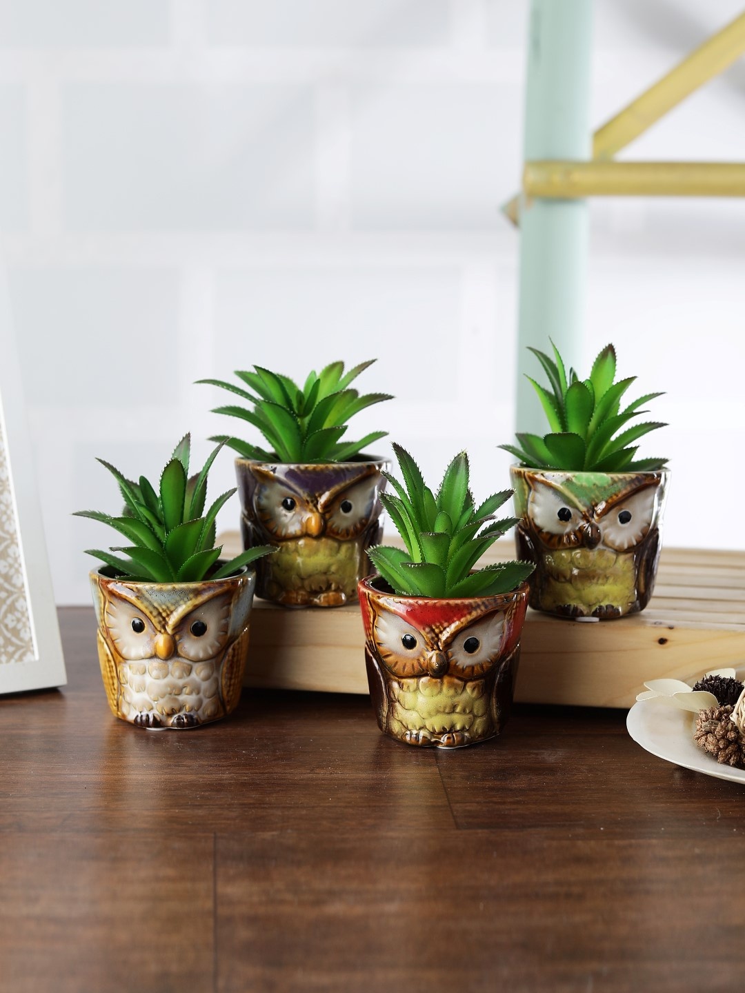 

OddCroft Set of 4 Multicoloured Owl Shaped Planter Pots, Multi