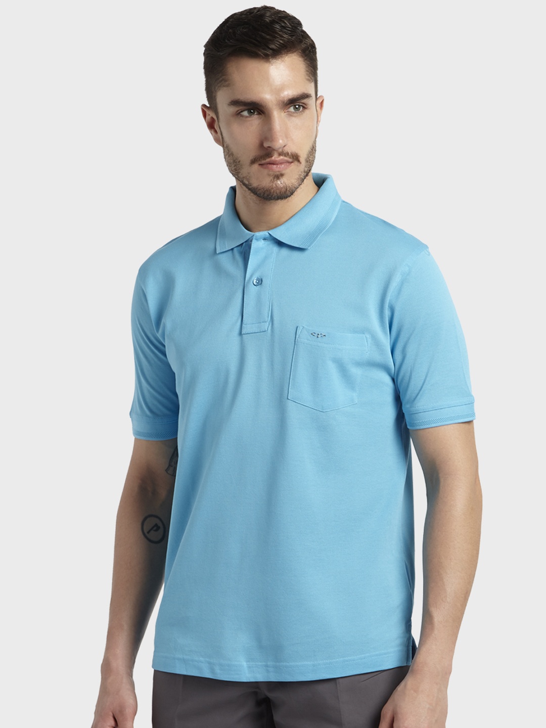 

ColorPlus Men Blue Solid Polo Collar Pure Cotton T-shirt