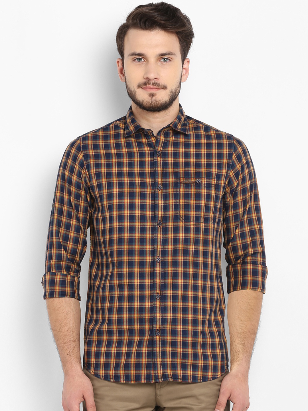 ColorPlus Men Yellow & Blue Regular Fit Checked Casual Shirt
