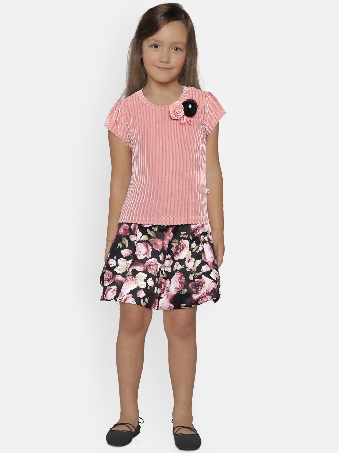 

Peppermint Girls MIDNIGHT STORY Peach-Coloured Top with Black Printed Skirt