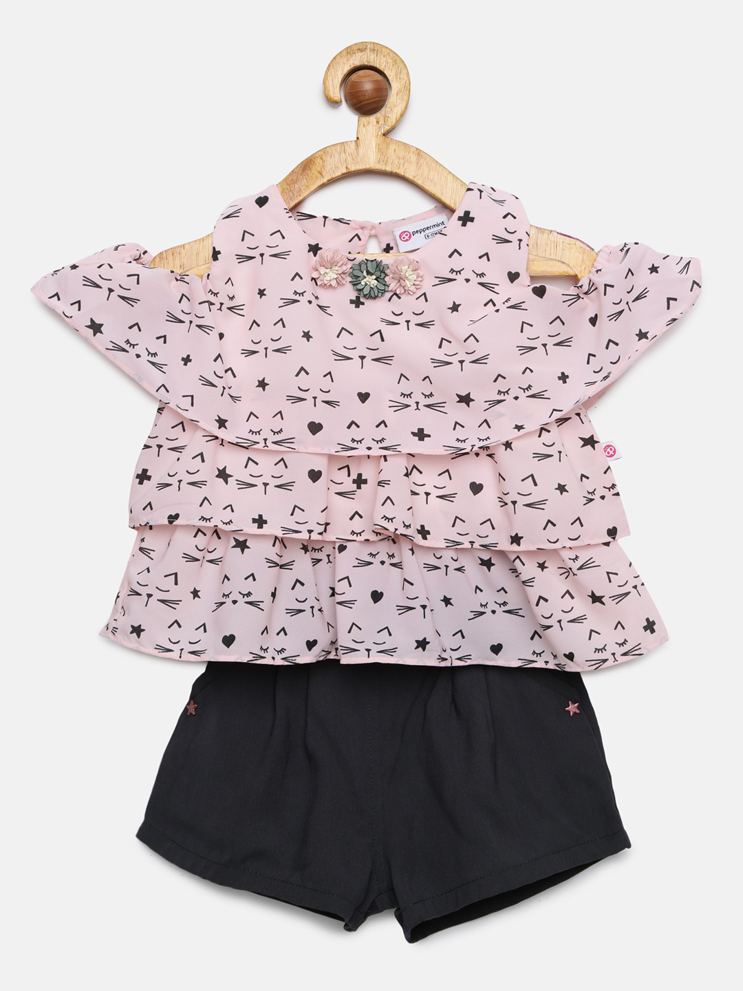 

Peppermint Girls Pink & Black Printed Top with Shorts