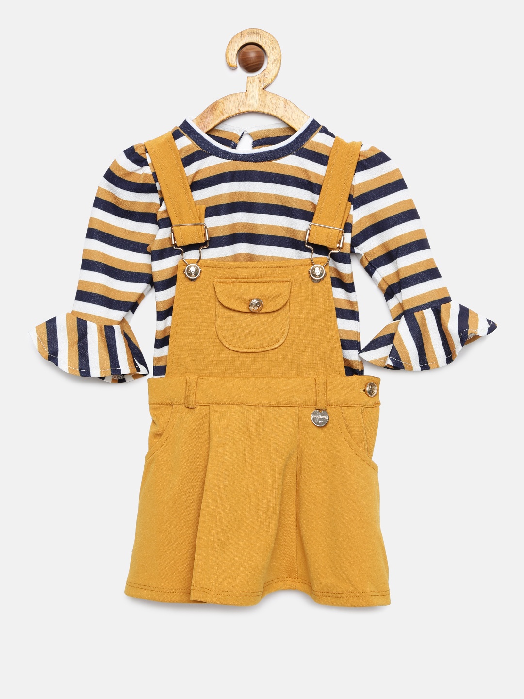 

Peppermint Girls Mustard Yellow Solid Pinafore Dress with Striped Top
