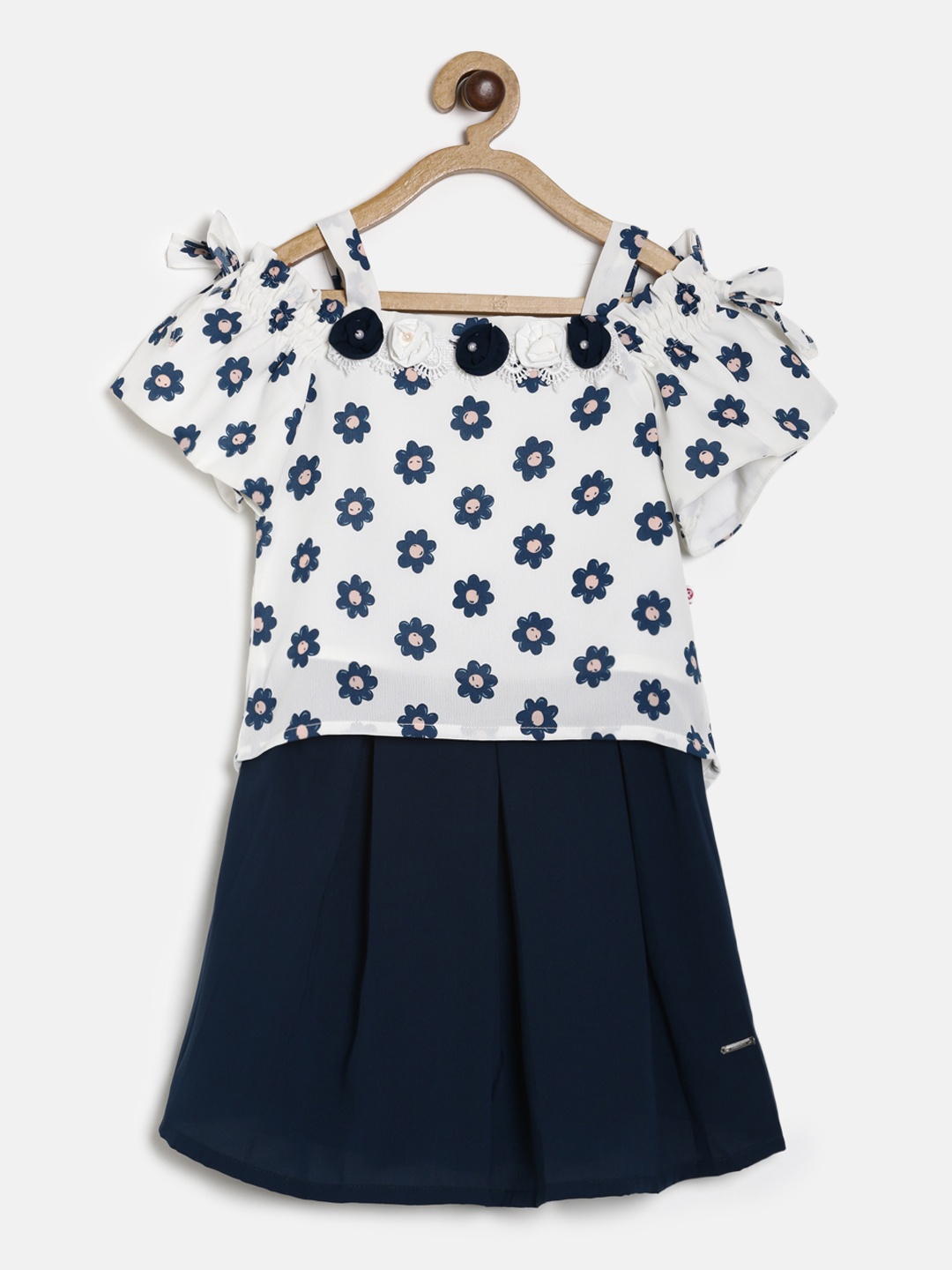 

Peppermint Girls Off-White & Navy Blue Printed Top with Skirt