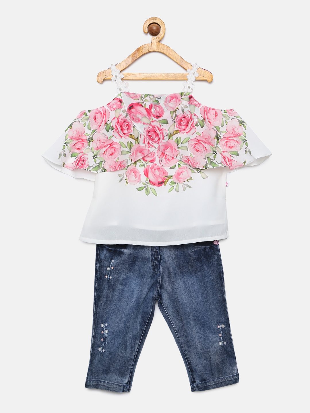 

Peppermint Girls Off-White & Navy Blue Printed Top with Jeans