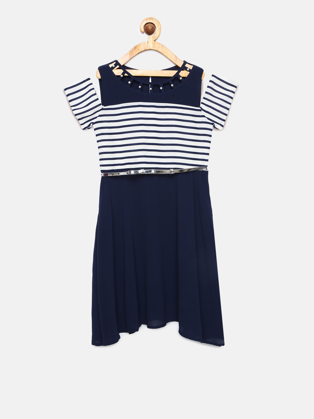 

Peppermint Girls Navy Blue Striped Fit & Flare Dress