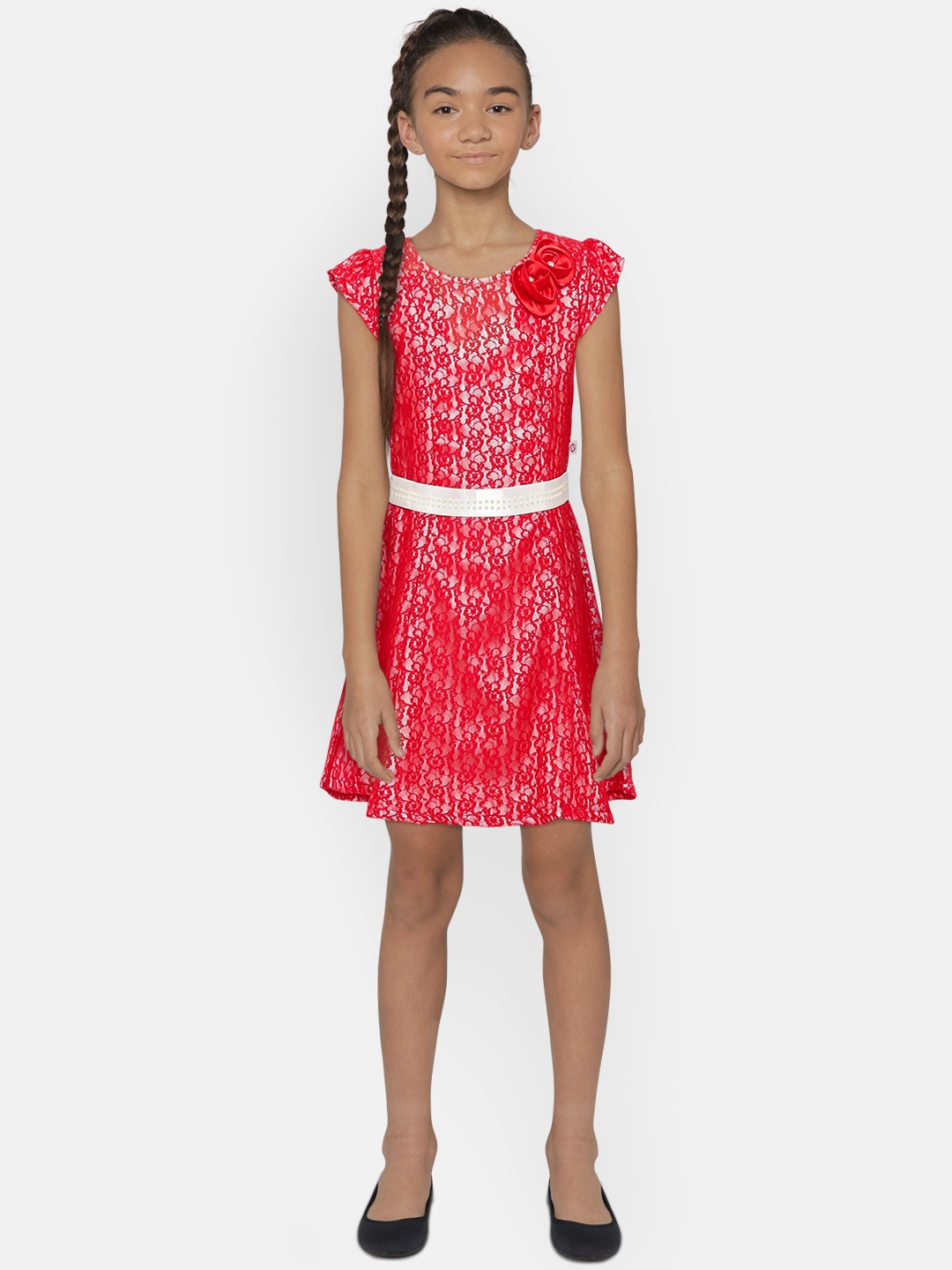 

Peppermint Girls Red Self Design A-Line Dress