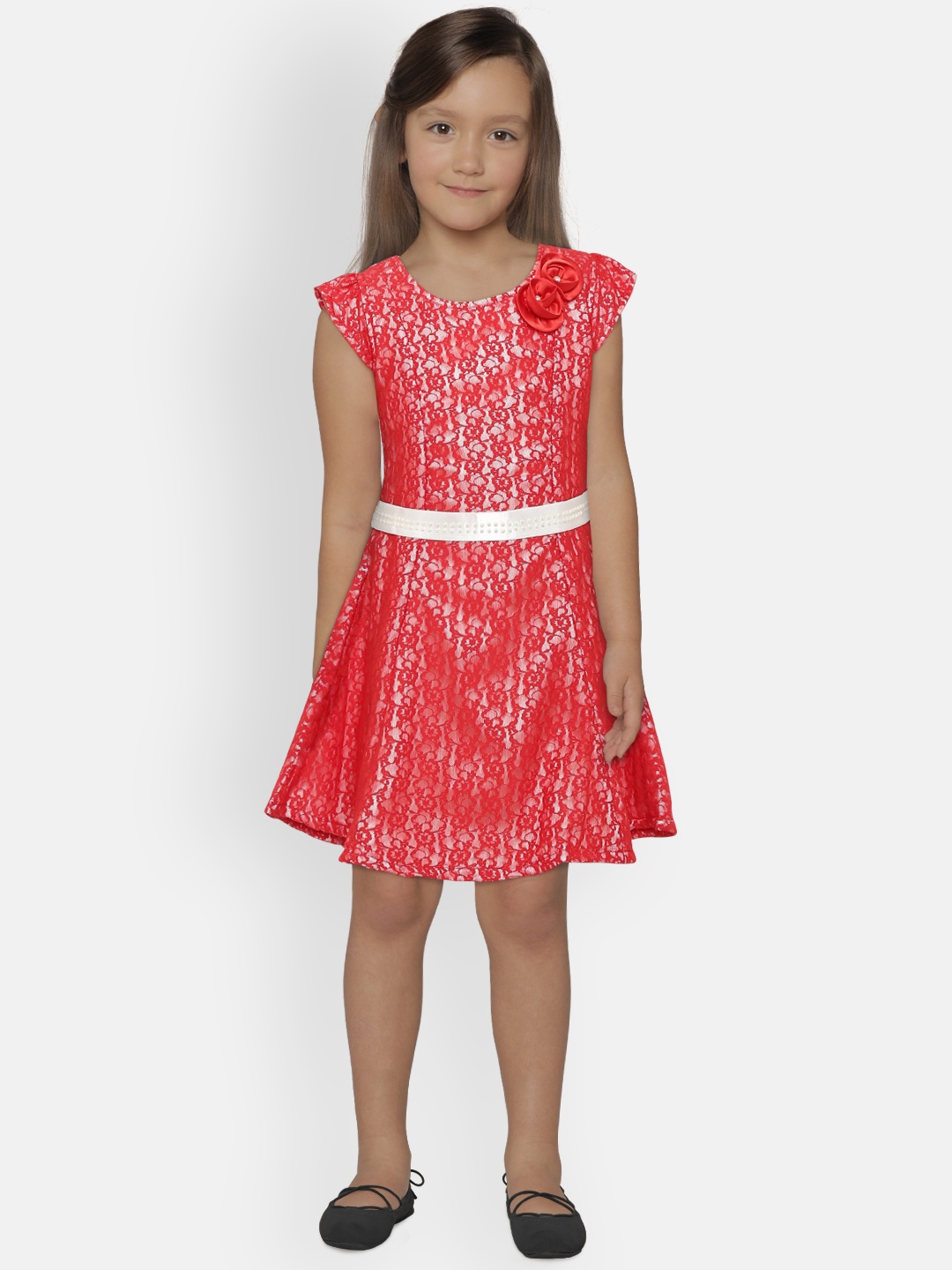 

Peppermint Girls Red Self Design A-Line Dress