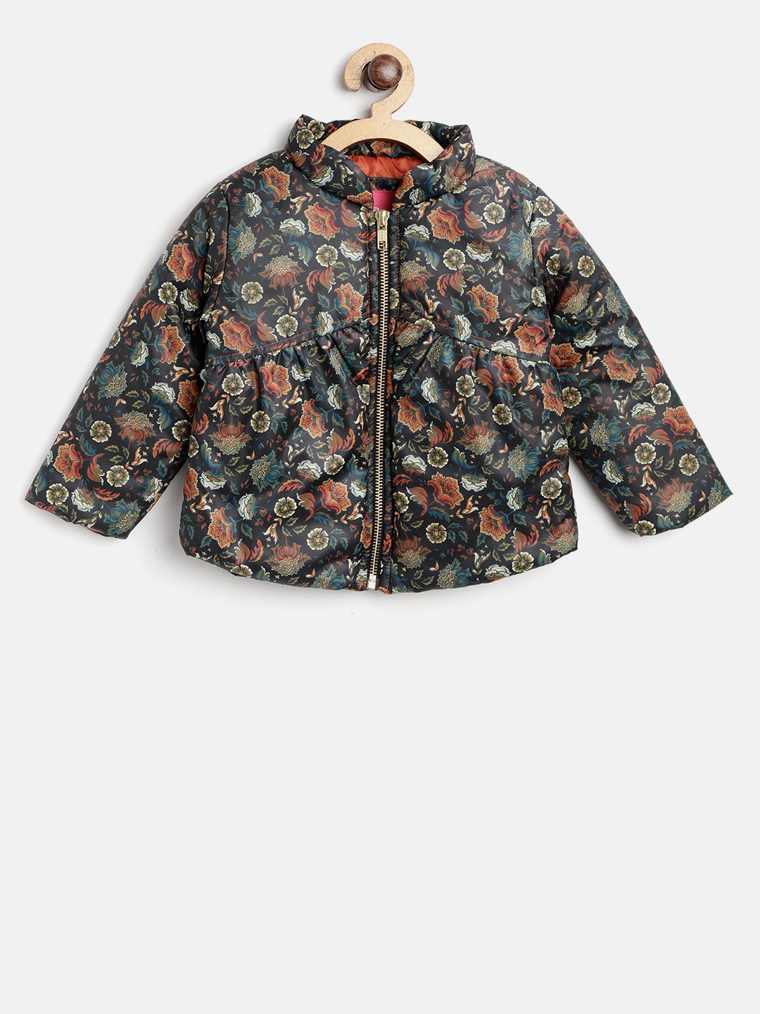 

Wingsfield Girls Black & Rust Orange Floral Print Padded Jacket