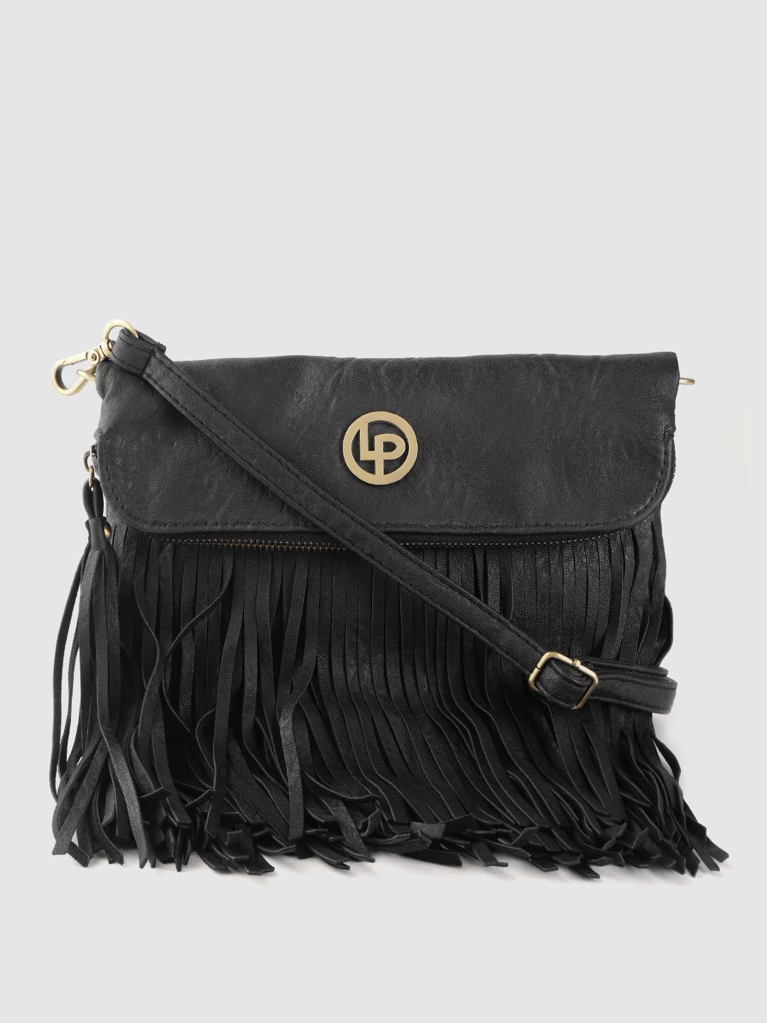 

Lino Perros Black Solid Fringed Sling Bag