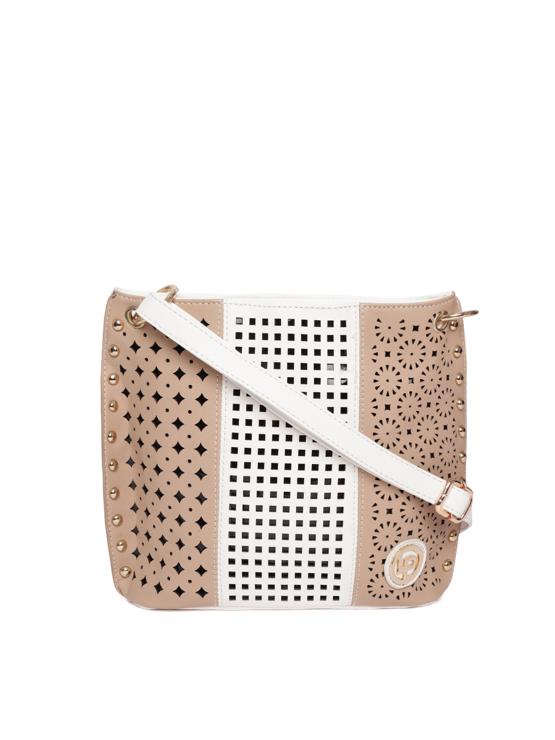 

Lino Perros Beige & Off-White Laser Cut Colourblocked Sling Bag